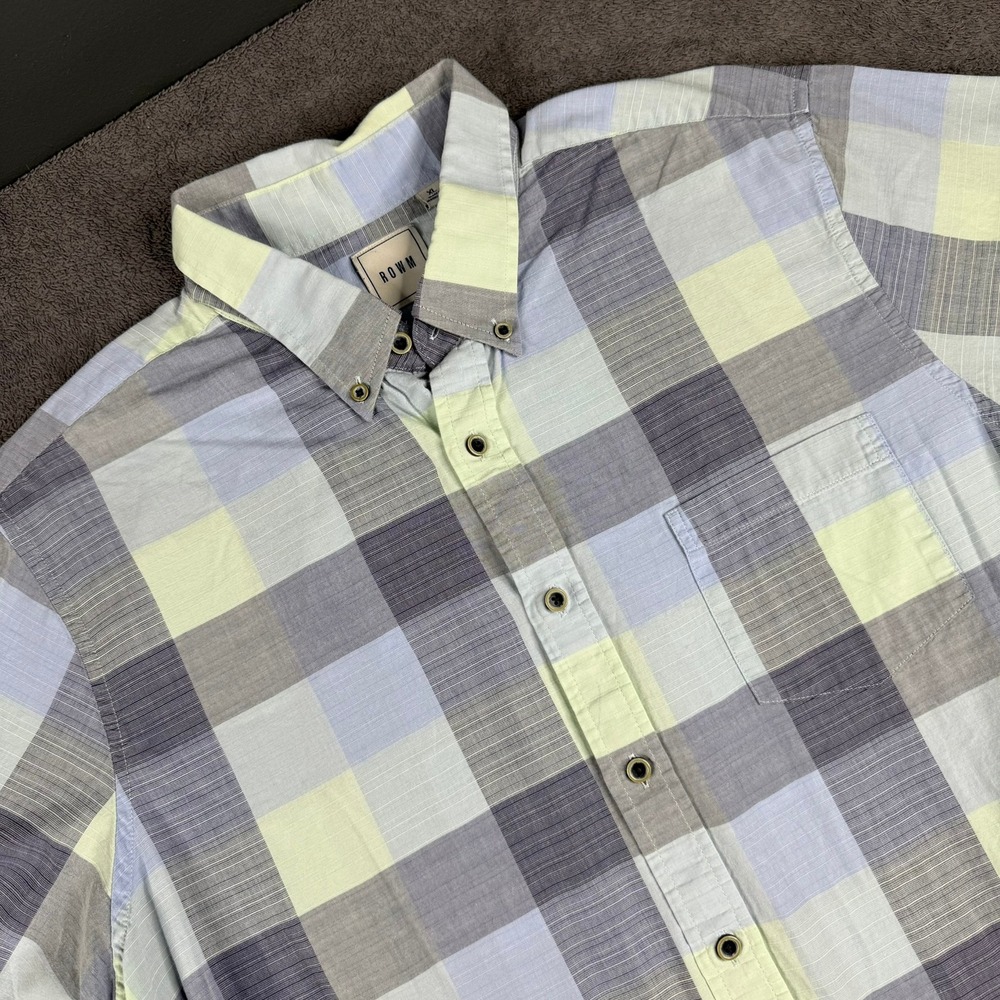 ROWM Mens XL Plaid‎ Button Down Shirt Short Sleeve Cotton Blue Green Grey XL